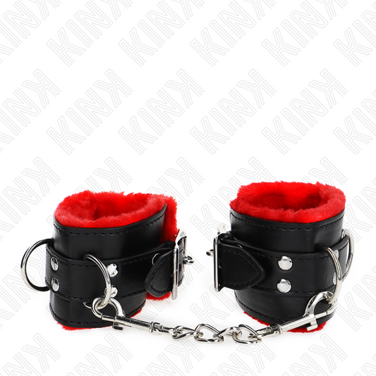 KINK - APPUI-POIGNETS DOUBLÉS DE FOURRURE AVEC TROUS CARRÉS CEINTURE ROUGE ET NOIRE RÉGLABLE 17-29 CM X 6 CM