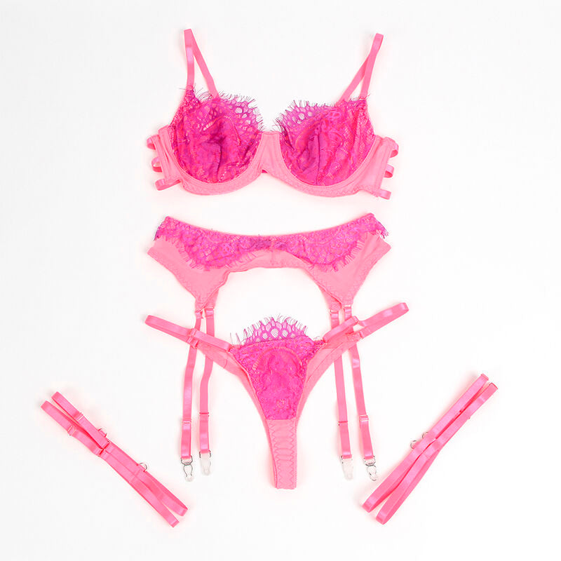 SUBBLIME - 955359 ENSEMBLE SOUTIEN-GORGE AVEC DENTELLE ET LIENS JARRETELLES ROSE ET VIOLET S/M