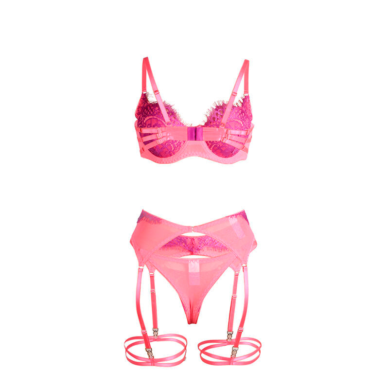 SUBBLIME - 955359 ENSEMBLE SOUTIEN-GORGE AVEC DENTELLE ET LIENS JARRETELLES ROSE ET VIOLET S/M