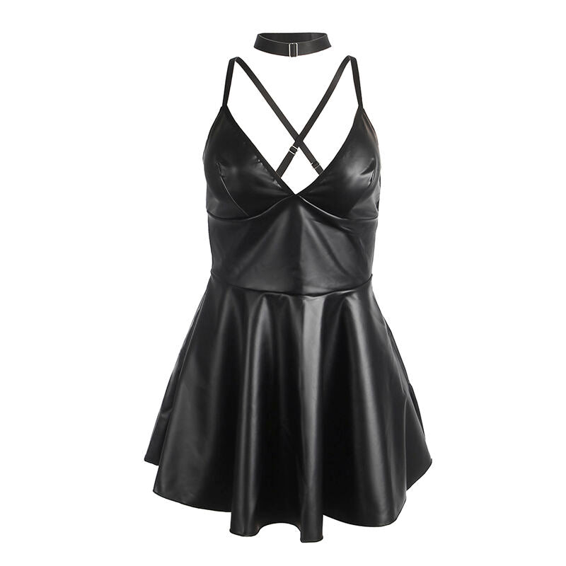SUBBLIME - 955380 ROBE À BRETELLES EN CUIR NOIR L/XL